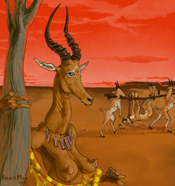 african anthro bound breasts captured desert female gag gagged horn looking_at_viewer male plant prisoner tree tribal_dress beastmilk alcelaphine antelope bovid cheetah felid feline hirola mammal