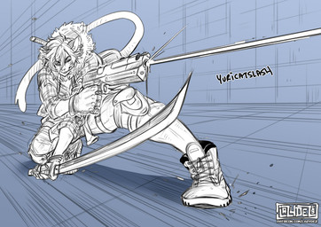 boots clothing costume footwear gear gun melee_weapon perspective pose ranged_weapon shoes sword weapon yuricatslash lazydez felid feline mammal sketch