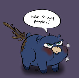 ambiguous_feral ambiguous_gender angry baby_talk blue_body blush dialogue feces feral green_eyes hair mouth_closed pooping purple_background simple_background solo speech_bubble standing steam tail text young young_ambiguous young_feral myrayray fluffy_pony fluffy_pony_(species) mammal 2024 digital_media_(artwork) english_text shaded