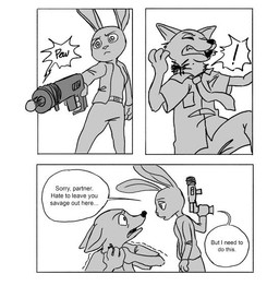 anthro betrayal clothed clothed_anthro clothing dialogue duo exclamation_point female firing_weapon gun male night_howlers pointy_ears rabbit_ears ranged_weapon role_reversal shooting text weapon gilman2004 disney zootopia judy_hopps nick_wilde canid canine european_rabbit fox lagomorph leporid mammal oryctolagus rabbit red_fox true_fox comic english_text monochrome