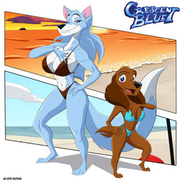 4_toes anthro big_breasts bikini blue_body blue_eyes blue_fur breasts brown_body brown_fur candid charlotte_(crescent_blue) clothed clothing comic_panel duo feet female fluffy fluffy_ears fluffy_tail fur grin hair half-closed_eyes hand_on_breast hand_on_hip huge_breasts julia_(crescent_blue) larger_female muscular muscular_female narrowed_eyes red_eyes short_female size_difference smile swimwear tail tall_female thick_thighs toes two-piece_swimsuit kenthenugget bird_dog canid canine canis domestic_dog hunting_dog mammal spaniel wolf absurd_res hi_res