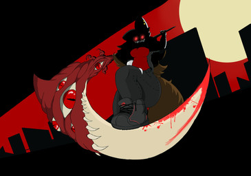 blood bodily_fluids bottomwear breasts city cityscape clothing denim denim_bottomwear denim_clothing ear_piercing ear_ring female footwear geometric_background jeans melee_weapon obscured_face pants perspective piercing polearm red_eyes red_sky ring_piercing scythe sharp_teeth shoes simple_background sky sneakers sun teeth weapon weapon_over_shoulder deerodraws animate_inanimate felid feline humanoid living_weapon mammal hi_res