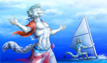 anthro boat clothed clothing cloud duo fully_clothed male sailing sailing_boat sailing_watercraft sea sky surfboard vehicle water watercraft windsurfer toshaviktory victory_(texdot) felid mammal pantherine snow_leopard unknown_species character_request
