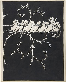 ambiguous_gender anthro art_nouveau branch group historical plant rope rope_pull tail paul_vincent_woodroffe thirty_old-time_nursery_songs mammal mouse murid murine rodent 1912 20th_century 4:5 ancient_art black_and_white monochrome traditional_media_(artwork)