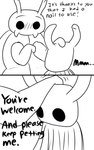 2_horns 2_panel_comic ambiguous_gender biped black_eyes black_text cloak clothing dialogue duo ellipsis exclamation_point eyebrows headpat horn looking_at_another motion_lines simple_background standing talking_to_another text white_background white_head skeletorskeletonized hollow_knight team_cherry bretta_(hollow_knight) arthropod beetle insect 2020 5:8 comic digital_media_(artwork) english_text hi_res