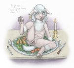 anthro blue_eyes candle carrot cloven_hooves cooking_tray cooking_with_furs crotch_breasts cutlery ear_piercing ear_tag female food fork fruit fur genitals hooves imminent_death imminent_vore kitchen_utensils knife lit_candle meat_tag open_mouth piercing plant pussy raised_leg salad sheared solo spread_pussy spreading text tomato tools vegetable wool_(fur) young meowmere isabella_(arielcelestia) bovid caprine mammal sheep absurd_res colored hi_res traditional_media_(artwork)