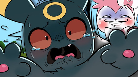 ambiguous_gender black_body black_fur blush bodily_fluids bow_(feature) chest_tuft cute_fangs duo fangs feral fur grass imminent_rape imminent_sex open_mouth pawpads pink_body pink_fur plant rape_face red_eyes scared sharp_teeth smile tears teeth tendrils tuft uvula video_at_source white_body white_fur yellow_body yellow_fur glider_guy nintendo pokemon eeveelution generation_2_pokemon generation_6_pokemon pokemon_(species) sylveon umbreon
