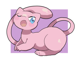 3_fingers ambiguous_background ambiguous_gender blue_eyes blush blush_lines blush_stickers border fangs feet feral fingers hindpaw long_tail one_eye_closed open_mouth paws pink_body pink_hands pink_tail purple_background simple_background solo tail teeth thick_thighs white_background white_border white_sclera wink yakiniku628 nintendo pokemon generation_1_pokemon legendary_pokemon mew_(pokemon) pokemon_(species) 2026 4:3 colored full-length_portrait hi_res portrait
