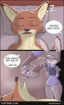 2024 absurd_res bed blush bottomless canid canine clothed clothing comic conditional_dnp dialogue disney english_text female fox furniture genitals hi_res judy_hopps lagomorph leporid male mammal nick_wilde nude open_mouth pussy rabbit sleeping smile speech_bubble text tuftbox zootopia