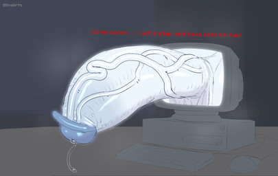 anthro big_penis bodily_fluids computer computer_keyboard computer_monitor computer_mouse curtains electronics exclamation_point fur furniture genital_fluids genitals glans huge_penis humanoid_genitalia humanoid_penis hyper hyper_genitalia hyper_penis inside keyboard male musk penis precum screen solo table text three-quarter_view through_screen vein veiny_penis white_body white_fur axoarts canid canine canis domestic_cat domestic_dog felid feline felis hybrid mammal 2026 artist_name digital_media_(artwork) english_text hi_res