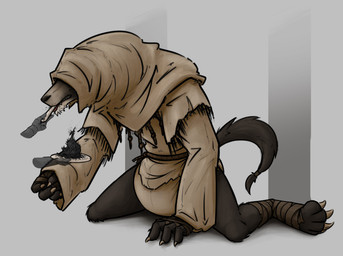anthro bandage claws clean_diaper clothed clothing covered_eyes diaper disembodied_hand duo eating feeding food hood kneeling male plate rope solo_focus teeth tongue wearing_diaper ire-k elden_ring fromsoftware gurranq_(elden_ring) canid canine canis mammal wolf hi_res