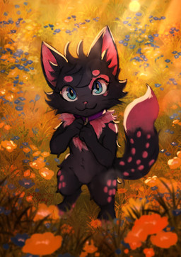 anthro female field flower fluffy fluffy_tail fur looking_at_viewer plant smile solo sun sunset tail twilight potatosheep domestic_cat felid feline felis mammal digital_media_(artwork) hi_res