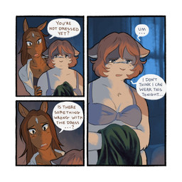 anthro bra breasts cleavage clothed clothing curtains depression dialogue dress duo female female/female freckled_face freckles open_clothing open_shirt open_topwear sad shirt slightly_chubby slightly_chubby_female speech_bubble text topwear underwear window worried worried_look saucypawpads pepper_(saucypawpads) whitney_(saucypawpads) calico_cat domestic_cat equid equine felid feline felis horse mammal 1:1 comic english_text