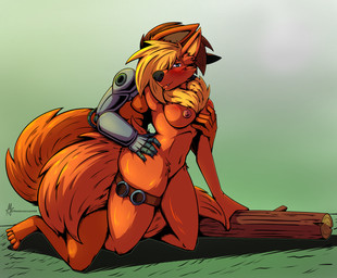 blush duo eyewear female goggles hair hug log long_hair male male/female mane mechanical_arm pose prosthetic prosthetic_arm prosthetic_limb sex simple_background wood masterzoroark666 canid canine fox mammal hi_res