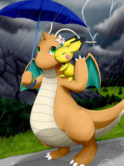 accessory ambiguous_gender carrying_another cloud detailed_background duo electricity eyes_closed female feral flower flower_in_hair fur green_eyes hair hair_accessory lightning lily_(flower) mountain orange_body orange_skin pink_cheeks plant raining shoulder_carry tail umbrella wings yellow_body yellow_fur baterco mythology nintendo pokemon spiky-eared_pichu dragon dragonite generation_1_pokemon generation_2_pokemon mammal mythological_creature mythological_scalie pichu pokemon_(species) rodent scalie 2021 3:4 absurd_res hi_res signature