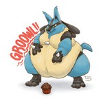 ambiguous_gender anthro belly big_belly food green_eyes muffin obese obese_ambiguous obese_anthro onomatopoeia overweight overweight_ambiguous overweight_anthro reaching rumbling_stomach simple_background solo sound_effects text white_background dragontzin nintendo pokemon generation_4_pokemon lucario pokemon_(species) 1:1 2022 english_text hi_res signature