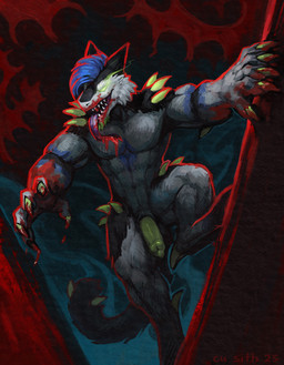 anthro blood blood_in_mouth blood_on_face blood_on_hand bodily_fluids claws evil_face evil_grin fangs fur glowing glowing_eyes green_eyes horror_(theme) male muscular smile solo teeth tongue cu_sith_(artist) morami monster sergal digital_drawing_(artwork) digital_media_(artwork) digital_painting_(artwork) hi_res painting_(artwork)