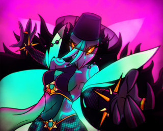 alternative_fashion anthro armwear bracelet clothed clothing female fez fishnet_armwear fishnet_clothing fishnet_legwear goth hat headgear headwear jewelry korean kpop legwear looking_at_viewer markings midriff navel neon neon_lights ring simple_background skimpy solo spiked_bracelet spikes tentacles starsickstudios starstud cthulhu_mythos h._p._lovecraft kpop_demon_hunters cthulhu death_(personification) grim_reaper miu_(beauty_snake) aquatic cephalopod coleoid cuttlefish cuttlefish_humanoid decapodiform humanoid mollusk 5:4 hi_res