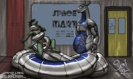 anthro apode balls belly bodily_fluids coiling copyright_symbol detailed_background erection genital_fluids genitals green_body group larger_pred legless machine male male/male metallic_body nude penis precum serpentine size_difference storefront symbol text transparent_belly trio vore jeri_kleinlowe mythology draconcopode dragon mythological_creature mythological_scalie naga protogen robot robot_naga scalie 2022 colored dated english_text signature url