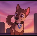 brown_body brown_eyes brown_fur building cloud collar feral fur male quadruped smile solo star sunset higglytownhero nickelodeon paw_patrol chase_(paw_patrol) canid canine canis domestic_dog german_shepherd herding_dog mammal pastoral_dog 2021 digital_media_(artwork) letterbox young_(lore)