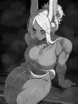 after_exercise big_breasts bodily_fluids bottomwear bra breasts cleavage clothed clothing crop_top excessive_sweat eyelashes female glistening glistening_body glistening_skin hair hair_bun high-angle_view inner_ear_fluff long_eyelashes long_hair midriff muscular muscular_female muscular_humanoid muscular_thighs musk navel pants scut_tail shirt short_tail sitting solo sports_bra sweat sweaty_body sweaty_skin tail thick_thighs tired topwear tuft underwear wet wet_body wet_skin yoga_pants gy_beth calvin_klein my_hero_academia rumi_usagiyama animal_humanoid humanoid lagomorph lagomorph_humanoid leporid_humanoid mammal mammal_humanoid rabbit_humanoid 3:4 absurd_res digital_drawing_(artwork) digital_media_(artwork) greyscale hi_res monochrome watermark