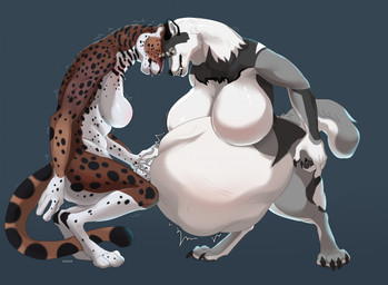 anthro belly big_belly big_breasts biped black_body black_fur breasts brown_body brown_fur duo facial_spots fangs featureless_breasts female female_anthro fur grey_body grey_fur grin huge_belly huge_breasts markings nude orange_eyes side_view smile spots spotted_arms spotted_face spotted_legs spotted_markings spotted_tail standing tail tail_markings teeth vore white_body white_fur yellow_eyes roobin roobin_(character) rove_(falloutwolf) canid canine felid mammal hi_res