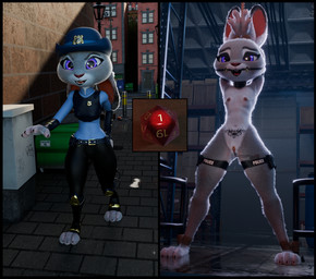 anthro bdsm before_and_after biped black_border blush bondage border bound breasts buttplug city collar condom cuff_(restraint) d20 dice eyelashes female fur furniture gag gagged gauged_nipple grey_body multicolored_body nipple_piercing nipple_ring nipples nude piercing plug_(sex_toy) police presenting purple_eyes restraints ring_piercing rope rope_bondage safety_pin sex_toy sexual_barrier_device shackles solo stocks strip_club vibrator wand_vibrator warehouse womb_tattoo falconfeather pochemu_(modeler) disney zootopia judy_hopps european_rabbit lagomorph leporid mammal oryctolagus rabbit 3d_(artwork) digital_media_(artwork) hi_res