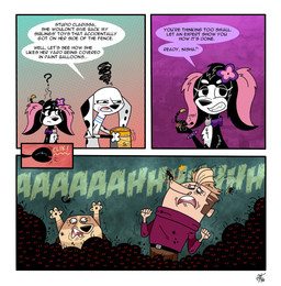 bat_collar black_body black_fur black_nose black_spots clothing countershade_face countershading dialogue duo ear_tuft female feral floppy_ears flower_on_head freckled_face freckles fur leg_markings light_body light_skin male markings prank red_clothing red_sweater red_topwear socks_(marking) speech_bubble spots sweater tan_body tan_fur text topwear tuft white_body white_fur unclescooter 101_dalmatian_street 101_dalmatians disney clarissa_(101_dalmatians) dolly_(101_dalmatians) elvira_(cartooncross) hugo_(101_dalmatians) nisha_(cartooncross) arachnid arthropod canid canine canis dalmatian domestic_dog herding_dog human mammal mixed_breed pastoral_dog scorpion spider welsh_corgi comic english_text hi_res