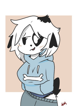 anthro black_ears black_nose blue_bottomwear blue_clothing blue_hoodie blue_panties blue_pants blue_topwear blue_underwear blush bone border bottomwear chibi clothing eye_markings female floppy_ears front_view fur hair hand_in_pocket heart_(marking) hoodie looking_aside looking_away markings panties pants pink_background pockets short_hair simple_background solo standing tomboy topwear underwear white_body white_border white_fur white_hair alan_rapado pepper_(fawnpawss) canid canine canis domestic_dog mammal 2022 3:4 digital_media_(artwork) portrait signature three-quarter_portrait