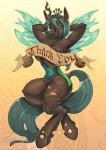 anthro breasts crown female green_eyes hair hair_over_eye hands_behind_head headgear hole_(anatomy) horn looking_at_viewer nude one_eye_closed one_eye_obstructed smile solo tattoo text wings empressbridle friendship_is_magic hasbro my_little_pony queen_chrysalis_(mlp) arthropod changeling 2019 english_text