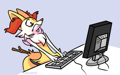3_fingers ambiguous_anthro ambiguous_gender anthro arm_tuft biped black_body black_fur cheek_tuft chest_tuft closed_frown computer computer_keyboard computer_monitor electronics eyelashes facial_tuft fingers flat_chested front_view frown fur hip_tuft inner_ear_fluff mouth_closed multicolored_body multicolored_fur nude_ambiguous nude_anthro object_in_tail orange_body orange_eyes orange_fur orange_inner_ear_fluff orange_nose pointy_ears pointy_nose prick_ears shoulder_tuft simple_background solo standing stick stick_in_tail tail tapering_snout three-quarter_view tuft white_body white_fur worried yellow_body yellow_fur yellow_tail vaporotem nintendo pokemon braixen canid generation_6_pokemon mammal pokemon_(species) 2013 cel_shading colored digital_drawing_(artwork) digital_media_(artwork) half-length_portrait meme portrait reaction_image shaded