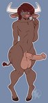 animal_genitalia animal_penis anthro balls big_balls blue_background brown_body brown_fur brown_hair equine_genitalia equine_penis erection eyelashes femboy flared_penis front_view fur genitals glistening glistening_hair hair looking_at_viewer male markings medial_ring narrowed_eyes penis simple_background solo spots spotted_body spotted_fur tail tail_tuft tuft spamjamz european_mythology greek_mythology mythology bovid bovine mammal minotaur hi_res signature