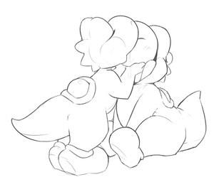 ambiguous/ambiguous ambiguous_gender blush blush_lines clothing eyes_closed feral footwear group kiss_on_lips kissing shoes sitting standing tail trio vore mienvian mario_bros nintendo human mammal yoshi black_and_white monochrome