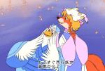 anthro beak black_eyes blonde_hair brown_eyes duo feathers fur hair multi_tail parody pink_hair red_body red_fur smile tail text white_body white_feathers third-party_edit yukaran_nosuke disney robin_hood_(disney) touhou ran_yakumo yuyuko_saigyouji avian bird canid canine chicken fox galliform gallus_(genus) mammal phasianid japanese_text