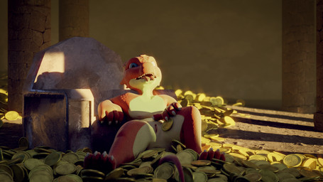 anthro biped blue_eyes claws coin female genitals gold_(metal) gold_coin sitting solo tongue tongue_out treasure vulva veo ruby_(veo) kobold lizard reptile scalie 16:9 3d_(artwork) digital_media_(artwork) hi_res widescreen