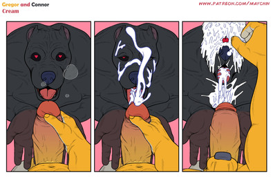 anthro balls bodily_fluids cherry cum cum_in_mouth cum_inside cum_on_face cum_on_tongue cumshot duo ejaculation erection first_person_view food fruit fur genital_fluids genitals glans hand_on_penis heart_eyes heart_pupils heart_symbol humanoid_genitalia humanoid_penis humor male male/male male_pov manual_masturbation masturbation masturbation_pov muscular muscular_anthro muscular_male navel nude open_mouth penile penile_masturbation penis plant simple_background smile solo_focus text tongue tongue_out vein veiny_penis maychin connor_(maychin) gregor_(maychin) canid canine canis domestic_dog mammal pit_bull absurd_res comic digital_media_(artwork) hi_res url