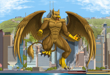 5_fingers abs anthro beak biceps biped blood blood_on_face blood_on_hand bodily_fluids brown_body brown_fur building building_destruction city city_background city_destruction claws destruction feathered_wings feathers feet finger_claws fingers fur landscape_dwarfing looking_at_viewer macro macro_anthro male muscular muscular_anthro muscular_male nude open_mouth outside pecs rampage solo tail toe_claws toes wings growingdragon mythology carpo avian gryphon mythological_avian mythological_creature