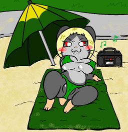 anthro beach big_breasts biped blush breasts clothed clothing detailed_background fangs female genitals looking_at_viewer lying on_back on_towel outside plump_labia red_eyes sand seaside skimpy solo swimwear teeth towel vulva roy_mccloud hamtaro_(series) mini-ham cricetid hamster mammal rodent aliasing digital_media_(artwork) source_request