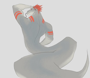 anthro apode black_tongue blue_eyes forked_tongue grey_body legless looking_at_viewer male male_anthro markings mouth_closed muscular muscular_anthro muscular_male nude rear_view red_markings serpentine simple_background solo striped_arms tongue tongue_out white_background aduran dinosaur draconcopode dromaeosaurid naga prehistoric_species reptile saurischian scalie theropod absurd_res hi_res