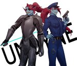5_fingers armor belt blue_body blue_skin bow_tie breasts clothed clothing cuff_(restraint) duo ear_fins eye_patch eyewear female fin fingers gun hair half-closed_eyes handcuffs hat headgear headwear holding_object holding_weapon metal_cuffs narrowed_eyes police police_hat police_uniform ponytail ranged_weapon red_hair restraints sharp_teeth smile teeth uniform weapon yellow_sclera yellow_teeth torotale deltarune undertale undertale_(series) undyne fish marine absurd_res hi_res