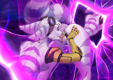 anthro anus areola autocunnilingus big_butt biped blue_eyes bodily_fluids breasts butt clitoris cybernetic_arm cybernetic_limb dripping ear_piercing eyewear eyewear_on_head female fluffy fluffy_tail from_behind_position fur genital_fluids genitals goggles goggles_on_head hand_on_butt hand_on_own_butt markings masturbation nipples non-euclidean_sex nose_to_anus nude nude_anthro nude_female oral oral_masturbation piercing portal_sex purple_body purple_fur purple_stripes purple_tail rear_view ring_(marking) ringed_tail sex side_boob small_breasts solo standing striped_body striped_fur striped_markings striped_tail stripes tail tail_markings thinking_with_portals vaginal vaginal_fluid_drip vaginal_fluids vaginal_masturbation vulva wide_hips omesore ratchet_and_clank sony_corporation sony_interactive_entertainment rivet_(ratchet_and_clank) lombax mammal 2025 digital_drawing_(artwork) digital_media_(artwork) hi_res