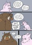 angry anthro brown_body brown_eyes brown_fur dialogue duo front_view fur looking_away male nipples pink_body pink_eyes pink_fur profanity side_view speech_bubble text tusks yelling okadu canid canine fox mammal suid suina sus_(pig) wild_boar comic english_text hi_res