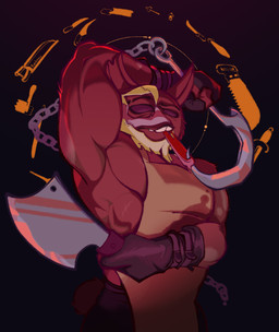 anthro black_clothing black_eyes black_gloves black_handwear black_sclera blood blood_splatter blood_stain bodily_fluids butcher butcher_apron chain clothing fingerless_gloves fur gloves handwear hook male mask muscular muscular_male raised_arm red_body red_fur scar solo tail tail_tuft teeth_showing tuft wearing_mask catbbage mewgenics gein_(mewgenics) domestic_cat felid feline felis mammal hi_res
