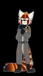 adjusting_clothes anthro big_ears big_eyes big_tail blue_eyes boots clothing dark_body dark_fur footwear fur jumpsuit male military military_uniform orange_body orange_fur red_body red_fur shoes smile solo standing tail toony uniform white_body white_fur riffen charlie_(razumi) ailurid mammal red_panda absurd_res alpha_channel hi_res