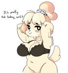 anthro blush bodily_fluids bottomless bra breasts clothed clothing female hand_on_head looking_at_viewer slightly_chubby solo sweat text underwear wide_hips panthera_cantus animal_crossing nintendo isabelle_(animal_crossing) canid canine canis domestic_dog mammal english_text hi_res