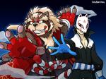 clothing duo fingerless_gloves gloves hair handwear kemono long_hair male mask pawpads ponytail slightly_chubby tatabanchou atlus lifewonders megami_tensei megami_tensei_persona persona_(series) persona_5 sega tokyo_afterschool_summoners goemon_(tas) yusuke_kitagawa canid canine human mammal raccoon_dog tanuki 2019 4:3 hi_res