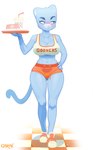 anthro beverage big_breasts blue_body blue_eyes blue_fur bottomwear breasts cleavage clothed clothing cross-popping_vein eyebrows eyelashes fast_food female food footwear fur hand_on_hip hotpants midriff navel shirt shoes shorts simple_background sneakers solo standing tank_top text text_on_clothing text_on_shirt text_on_tank_top text_on_topwear topwear waiter whiskers white_background girok cartoon_network the_amazing_world_of_gumball nicole_watterson domestic_cat felid feline felis mammal 2024 absurd_res artist_name hi_res