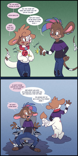 bell bell_collar bound chain chained collar dialogue duo ear_piercing piercing text transformation twinning trevor-fox trevor-fox_(character) canid canine canis domestic_dog house_mouse mammal mouse murid murine rodent 1:2 english_text hi_res