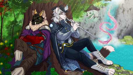 accessory anthro armor bard bell bone bottomwear claws clothed clothing detailed_background duo fancy_clothing fantasy feet fingers flower fluffy fluffy_tail flute flying flying_head forest fur gem hair hat hat_feather headgear headwear horn jewelry lake leaning leaning_against_tree leaning_backward loose_feather magic magic_user male medieval medieval_armor medieval_clothing medieval_fantasy music musical_instrument musical_note musical_symbol open_mouth outside plant playing_music resting sitting skull skull_head sky smile symbol tail toes topwear tree tuft water waterfall white_body white_fur wind_instrument woodwind_instrument lukefoxxy jack_demurler jazz_huey mammal mink mustelid musteline skulldog_(species) stoat true_musteline undead weasel 16:9 4k absurd_res digital_media_(artwork) hi_res widescreen