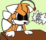 2_tails ambiguous_gender angry antennae_(anatomy) anthro dialogue doll mouthless multi_tail red_eyes solo speech_bubble stitch_(sewing) tail text phoenow sega sonic_the_hedgehog_(series) tails_doll canid canine fox mammal redraw